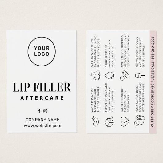 Aangepaste Logo Lip Filler Aftercare Advice Kaart (Voorkant /achterkant)