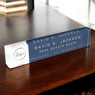 Aangepaste Logo Navy Blue Elegant Professional Naambordje