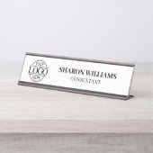 Aangepaste Logo | Professioneel Elegant Zwart & Wi Bureau Naambordje (Voorkant)