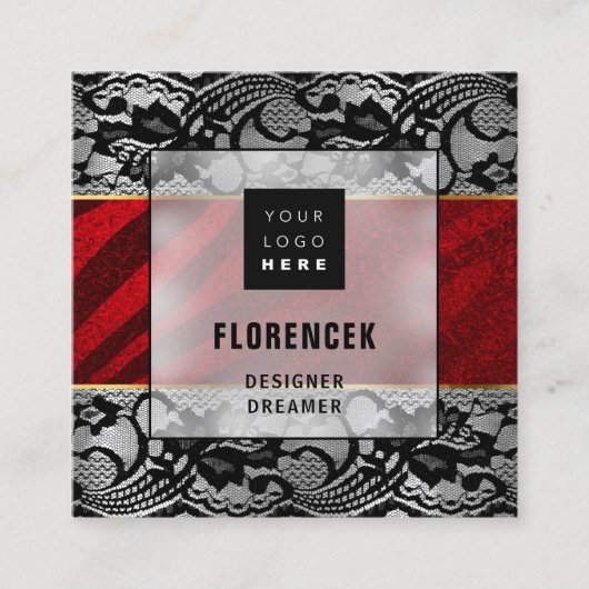 Aangepaste Logo QR CODE Silver Grey Black Red Lace Vierkante Visitekaartje (Voorkant)