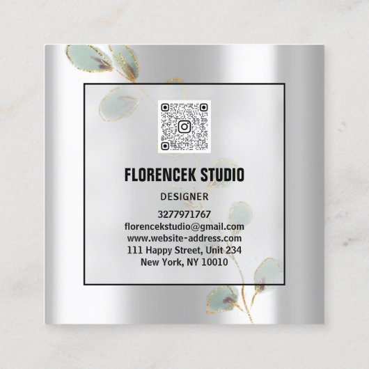 Aangepaste Logo QR CODE Silver Grey Gold Leafs Vierkante Visitekaartje (Achterkant)