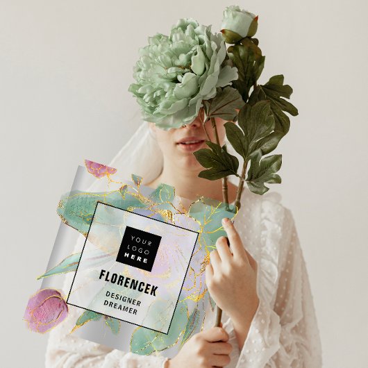 Aangepaste Logo QR CODE Zilvergrijze groene Floral Vierkante Visitekaartje