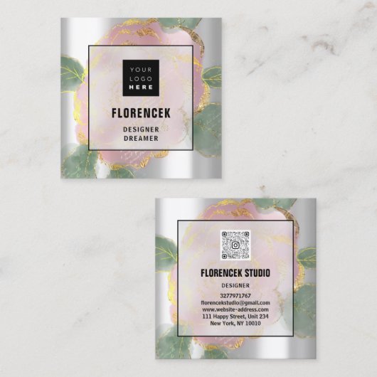 Aangepaste Logo QR-CODE Zilvergrijze groene Rozen Vierkante Visitekaartje (Voorkant / Achterkant)