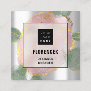 Aangepaste Logo QR-CODE Zilvergrijze groene Rozen Vierkante Visitekaartje