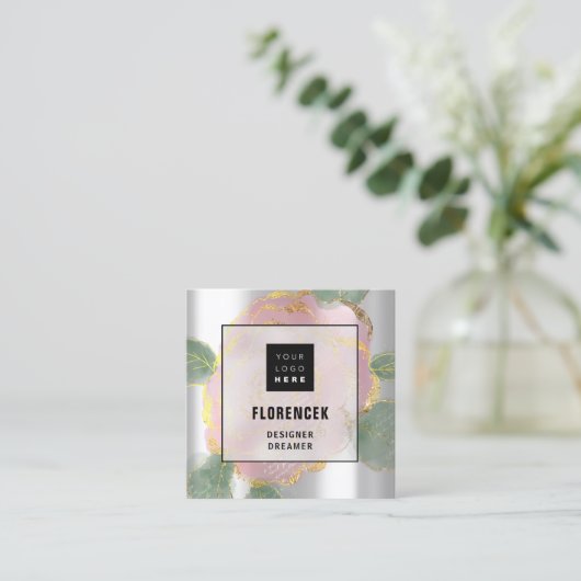 Aangepaste Logo QR-CODE Zilvergrijze groene Rozen Vierkante Visitekaartje (Staand voorkant)