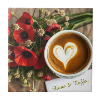 Aangepaste Love & Coffee-beker met wit schuimhart Tegeltje