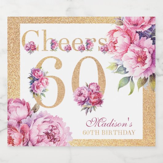 Aangepaste luxe 60e verjaardag roze gouden glitter sparkling wijnetiket (Enkel label)