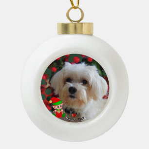 Aangepaste Maltese Dog-foto met Cute Elf Keramische Bal Ornament