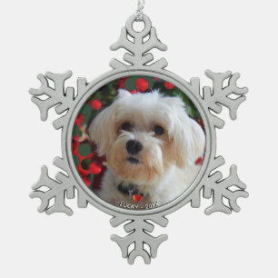 Aangepaste Maltese Hond Foto Tin Sneeuwvlok Ornament