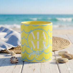 Aangepaste MAMA-scriptnaam Geel Blauwe Scallop Mok