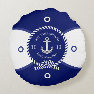 Aangepaste Marine Blauw Wit Anker Life Ring Nautis Rond Kussen
