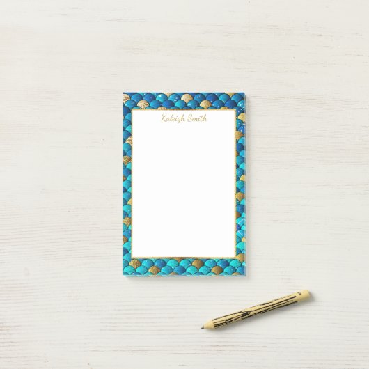 Aangepaste marineblauw- en goudzeemaidescales post-it® notes (Op bureau)