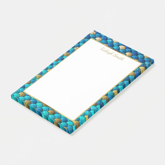 Aangepaste marineblauw- en goudzeemaidescales post-it® notes (Schuin)