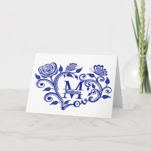 Aangepaste marineblauw Floral monogram M Kaart