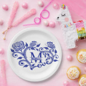Aangepaste marineblauw Floral monogram M Papieren Bordje (Feest)