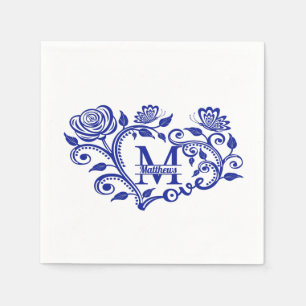 Aangepaste marineblauw Floral monogram M Servet
