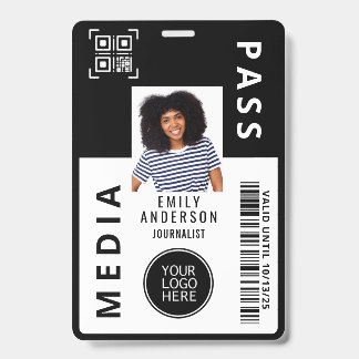Aangepaste Media Pass Foto ID Logo QR Code | Zwart Badge