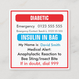 Aangepaste medische alarm rode diabetische kaart  vierkante visitekaartje