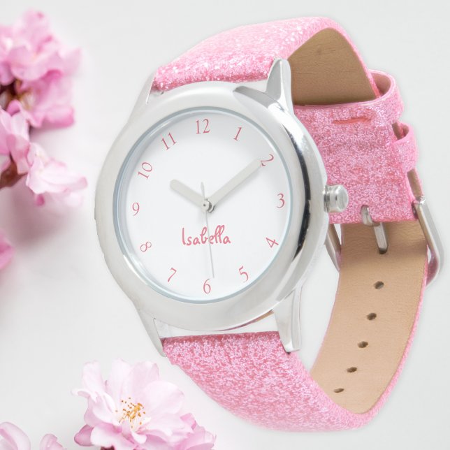 Aangepaste meisjes Naam Roze Glitter Strap Kinder  Horloge (Custom Girls Name Pink Glitter Strap Kids Watch)