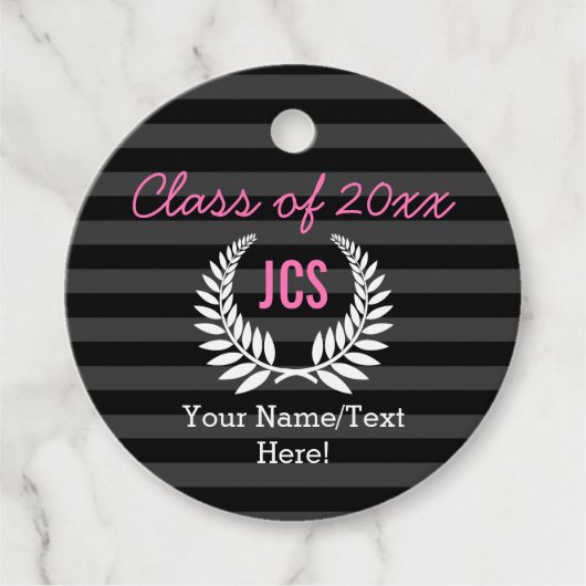 Aangepaste meisjesgraafpartij zwart roze monogram bedankjes labels (Voorkant)