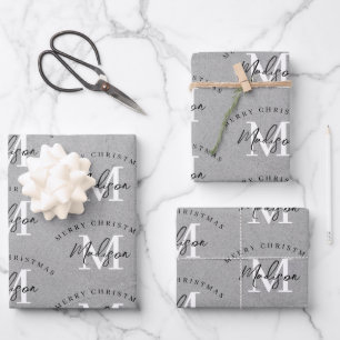 Aangepaste Merry Christmas Grey Monogram Inpakpapier Vel