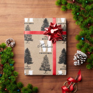 Aangepaste Merry Christmas Kraft Monogram Cadeaupapier