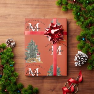 Aangepaste Merry Christmas Monogram Tiger & Tree R Cadeaupapier