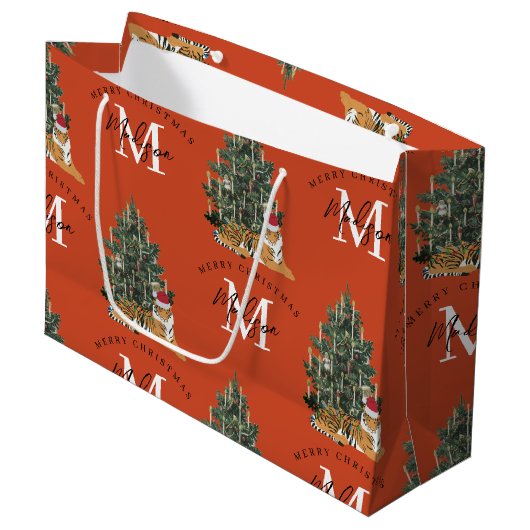 Aangepaste Merry Christmas Monogram Tiger & Tree R Groot Cadeauzakje (Voorkant Gekanteld)