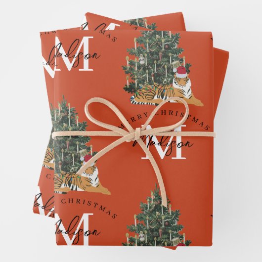 Aangepaste Merry Christmas Monogram Tiger & Tree R Inpakpapier Vel (In situ)