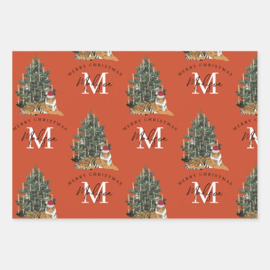 Aangepaste Merry Christmas Monogram Tiger & Tree R Inpakpapier Vel (Voorkant)