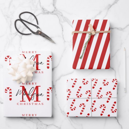 Aangepaste Merry Christmas Red Candy Cane Monogram Inpakpapier Vel (Voorkant)