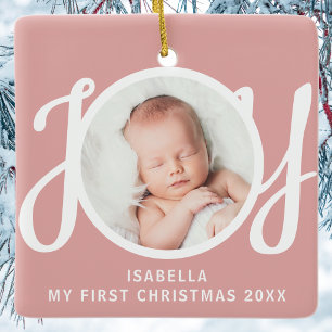 Aangepaste Mijn Eerste Kerst Foto Roze Aandenken Keramisch Ornament
