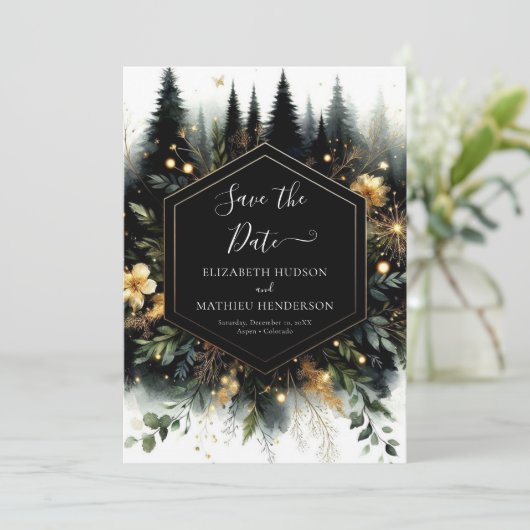 Aangepaste minimalistische betoverde bos bruiloft save the date (Staand voorkant)