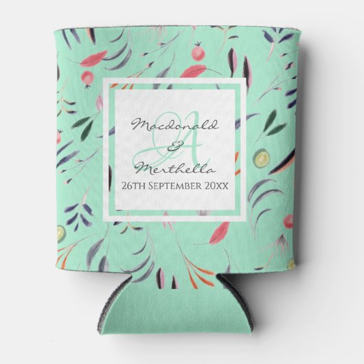 Aangepaste Mint Green Monogram Floral Blikjeskoeler (Voorkant)