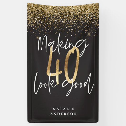 Aangepaste moderne 40e verjaardag zwart-gouden ker spandoek (Verticaal)