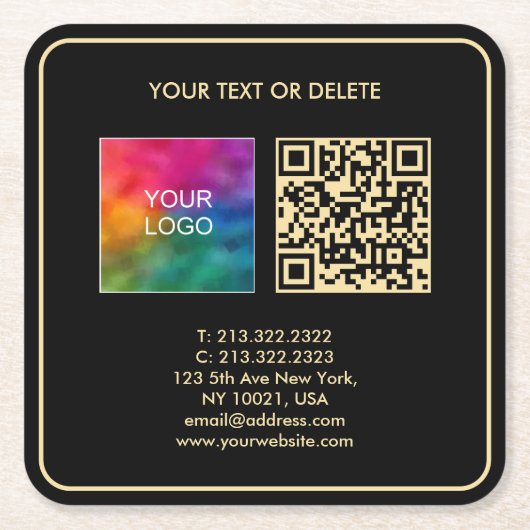 Aangepaste Moderne Elegante Sjabloon Zwart Goud QR Vierkante Kartonnen Onderzetter (Voorkant)