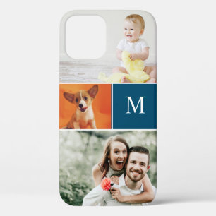 Aangepaste Moderne Fotocollage Blauw Monogram iPhone 12 Hoesje
