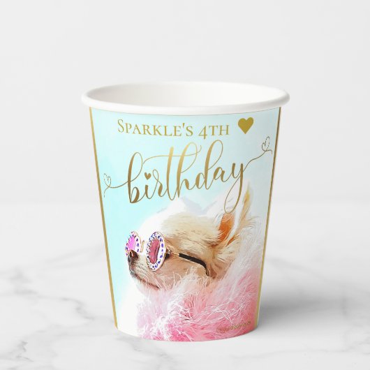 Aangepaste, moderne Gold Script Pet Dog Birthday Papieren Bekers (Achterkant)
