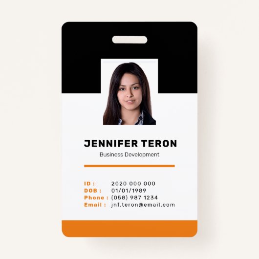 Aangepaste moderne Oranje werknemersidentiteitskaa Badge (Voorkant)