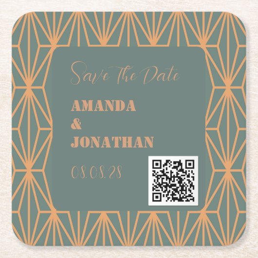 Aangepaste moderne QR-code Opslaan Datum Vierkante Kartonnen Onderzetter (Voorkant)