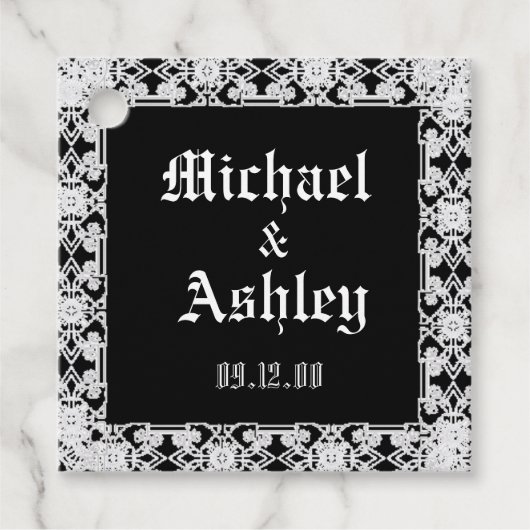 Aangepaste moderne zwarte en witte kant monogram bedankjes labels (Voorkant)