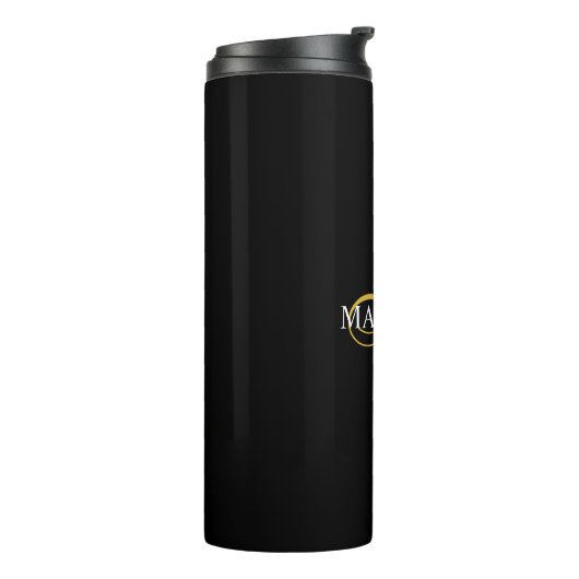 Aangepaste moderne zwarte monogram gouden scriptna thermosbeker (Gedraaid links)