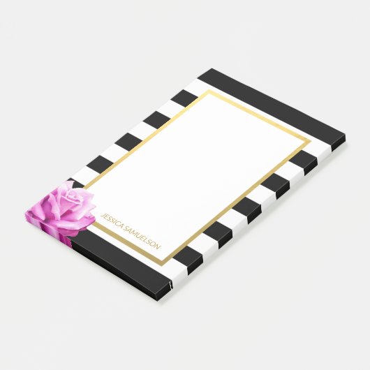 Aangepaste moderne zwarte strepen Roze Rose Post-it® Notes (Schuin)