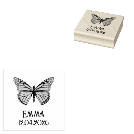 Aangepaste Monarchvlinder Naam Datum Kunst Rubberstempel (Gestempeld)