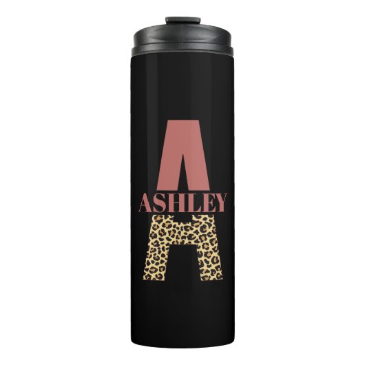 Aangepaste monogram A roze luipaard Thermosbeker (Voorkant)
