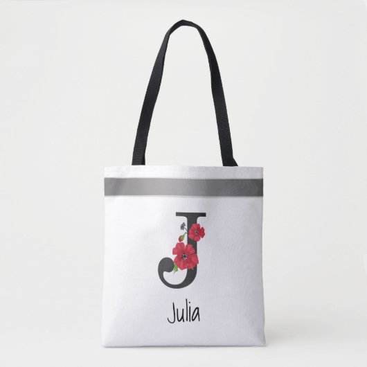 Aangepaste monogram bewerkbare j tekst rode bloem draagtas (Voorkant)