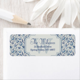 Aangepaste Monogram Blauw Toile Kerst Ornamenten Etiket