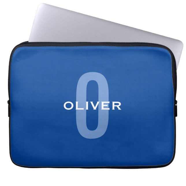 Aangepaste Monogram Blauw Wit Naam Laptop Sleeve (Voorkant)