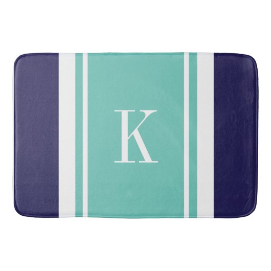 Aangepaste monogram Blauwgroen Mint Stripes Patroo Badmat (Voorkant)