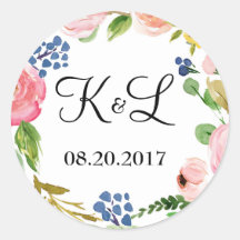 Aangepaste Monogram Bloemen Bruiloft Ronde Sticker